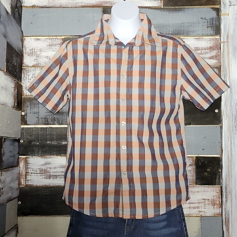 Gray, Navy Blue & Orange Short Sleeve Button Bottom Boys Size Large